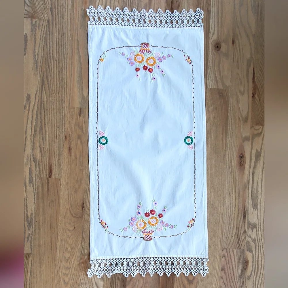 Vintage Handcrafted Needlepoint Flowers Table Runner, Crochet Edge, 37